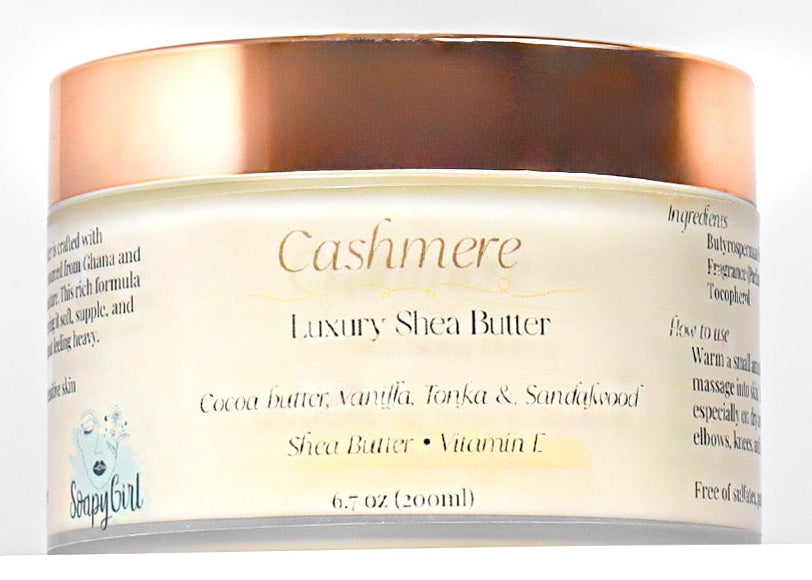 Jar of Cashmere Luxury Shea Butter on a white background