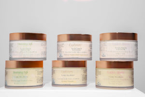 Set of six skincare products with labels on a white background